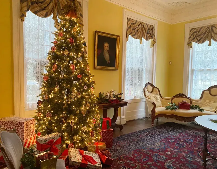 Elegant living room with a lit Christmas tree, wrapped gifts, and classic furniture by tall windows.