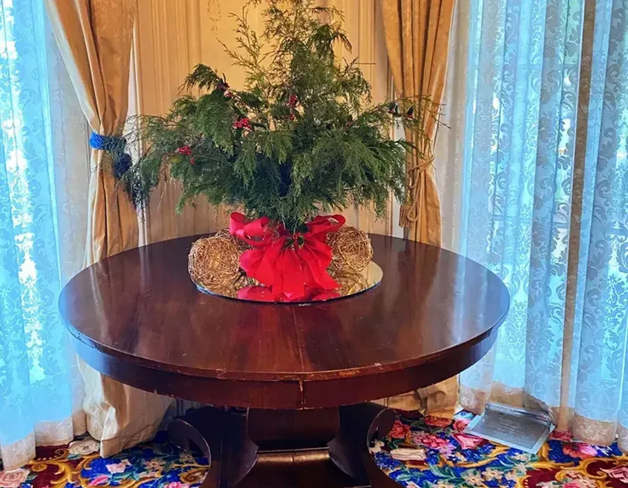 Round wooden table with a small Christmas tree centerpiece and red bow in front of curtains.