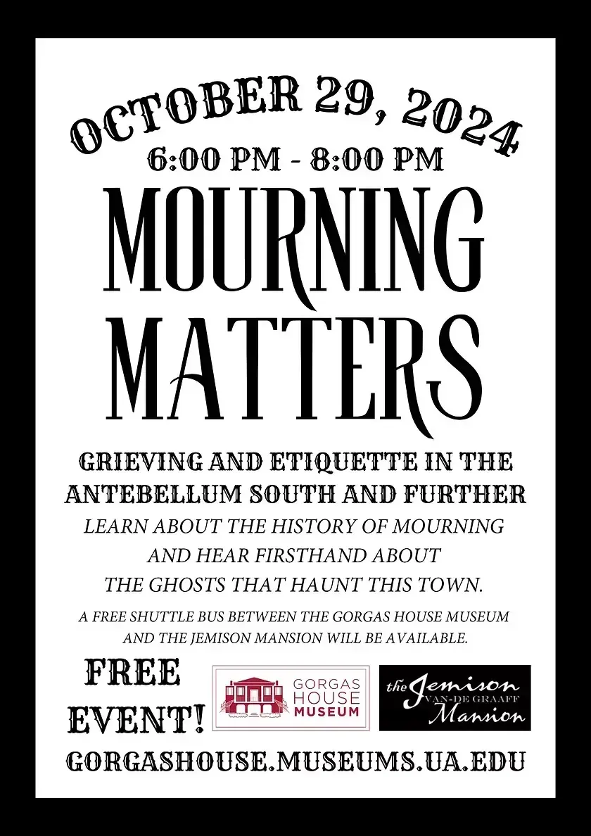 Poster for “Mourning Matters” exhibit, Oct. 29, 2024, at Gorhaouse Museum, with free event details.