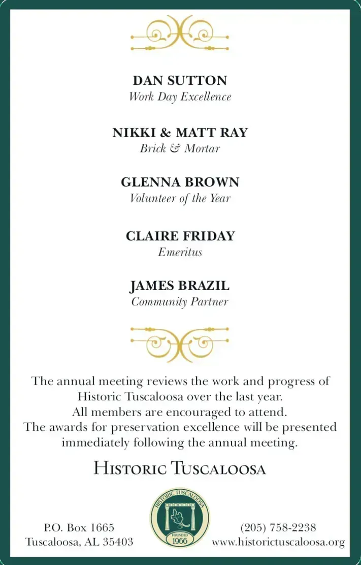 Wedding invitation with green border listing names in elegant black text and gold monogram at top