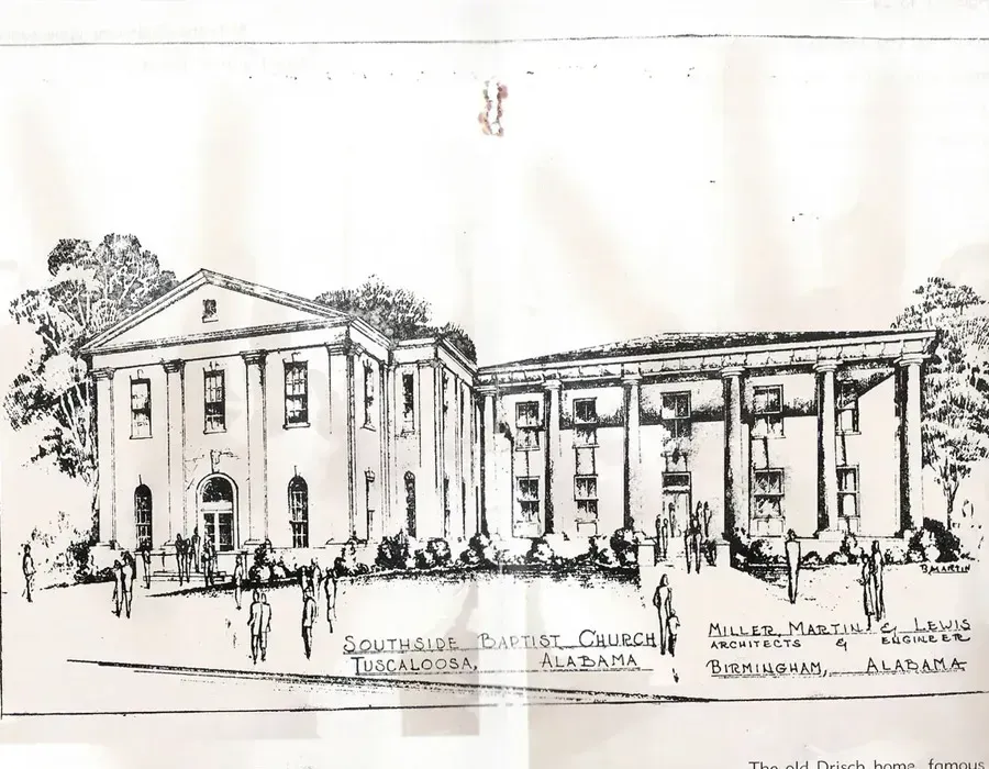 Sketch of a classical building façade with columns and a courtyard of people in front