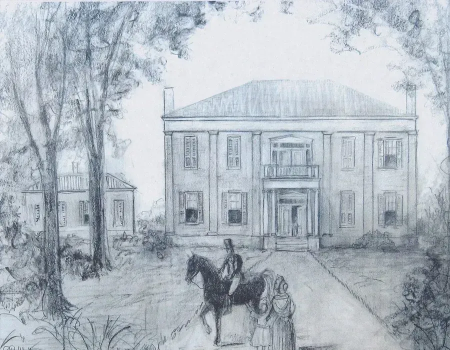 Pencil sketch of a grand house with a horse and rider on the path, flanked by trees and a garden.