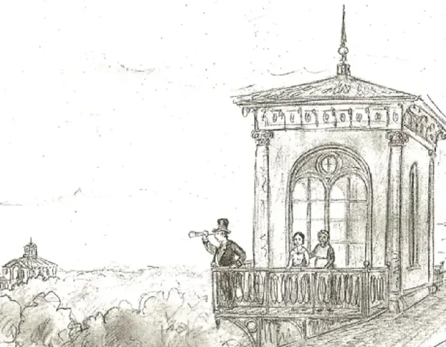 Sketch of a historic cathedral with central tower and arches, labeled “San Felipe Apóstol Church, 1890.”