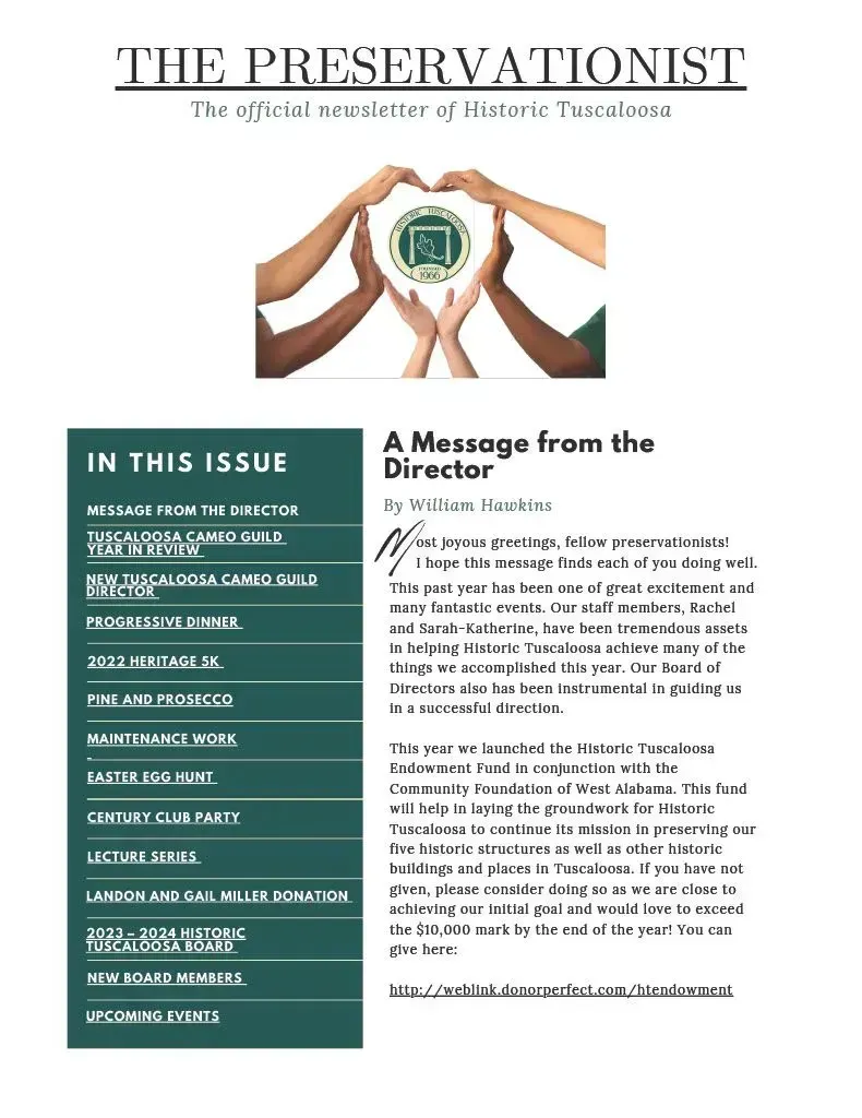 Magazine cover titled “The Preservationist” with hands holding a green circular emblem and article text below