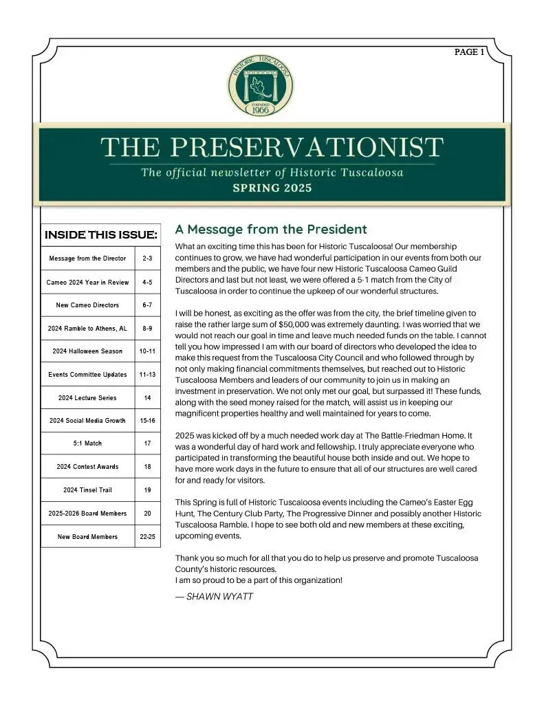 Newsletter page titled “The Preservationist” with a green header and article text layout