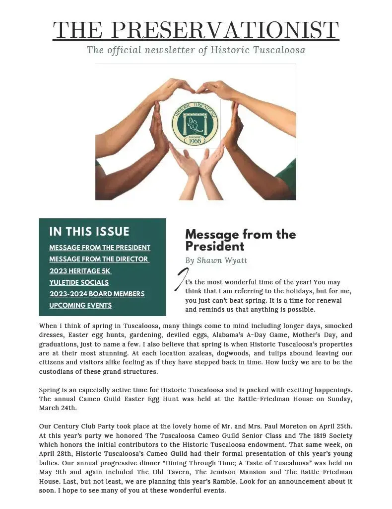 Newsletter cover titled “The Preservationist” with hands holding a green circular emblem above text columns