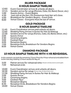 Wedding day timeline schedule graphic with silver, gold, and diamond package event times and rehearsal notes