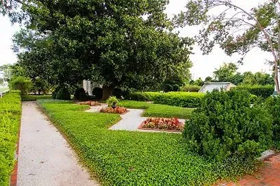 Landscaped garden with curving gravel paths, green lawn, shrubs, and a large tree