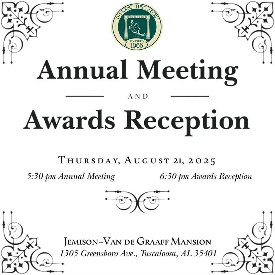 White invitation with green crest announcing Annual Meeting and Awards Reception, Thursday, August 21, 2025.