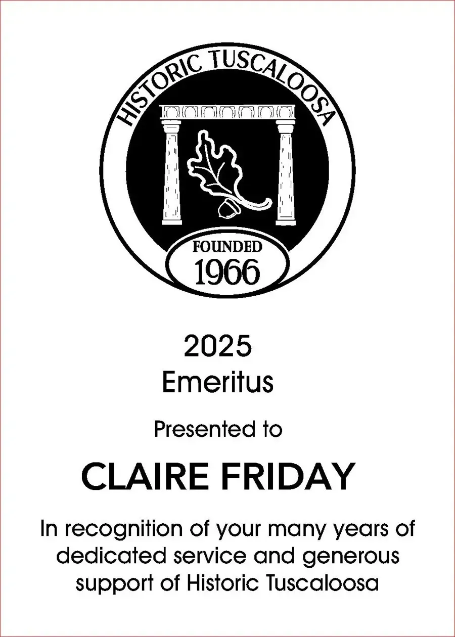 Historic Tuscaloosa 2025 Emeritus award plaque honoring ClaLea Friday for dedicated service