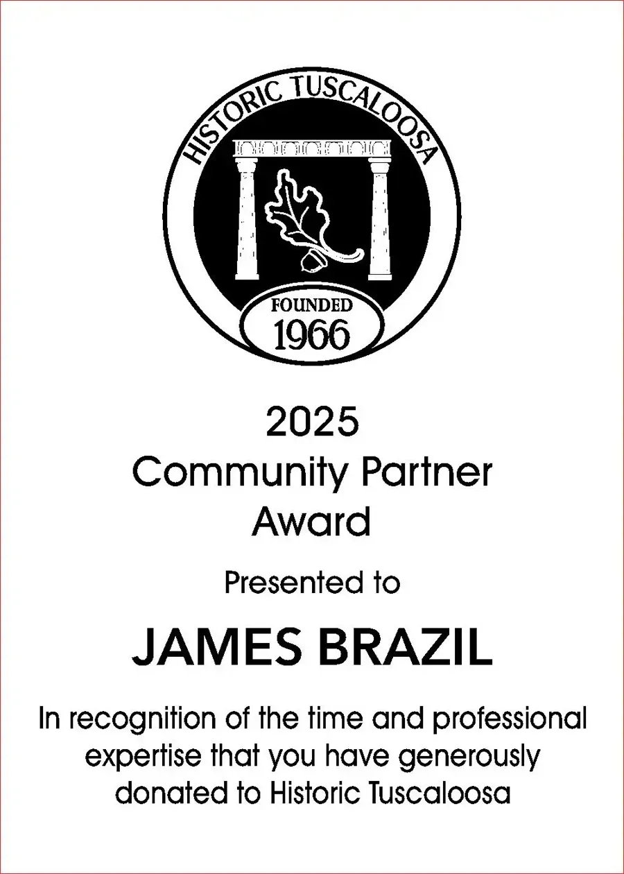 Historic Tuscaloosa 2025 Community Partner Award for James Brazil, black-and-white certificate image
