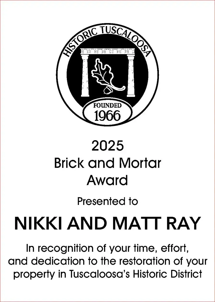 Historic Tuscaloosa 2025 Brick and Mortar Award plaque for Nikk and Matt Ray