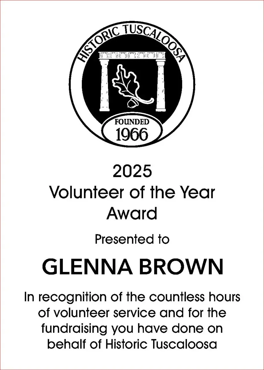 Historic Tuscumbia seal and 2025 Volunteer of the Year Award certificate for Glenna Brown