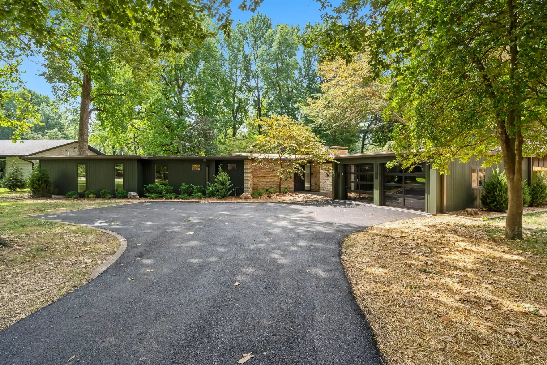 Modern house with a gravel driveway, surrounded by tall green trees and autumn leaves