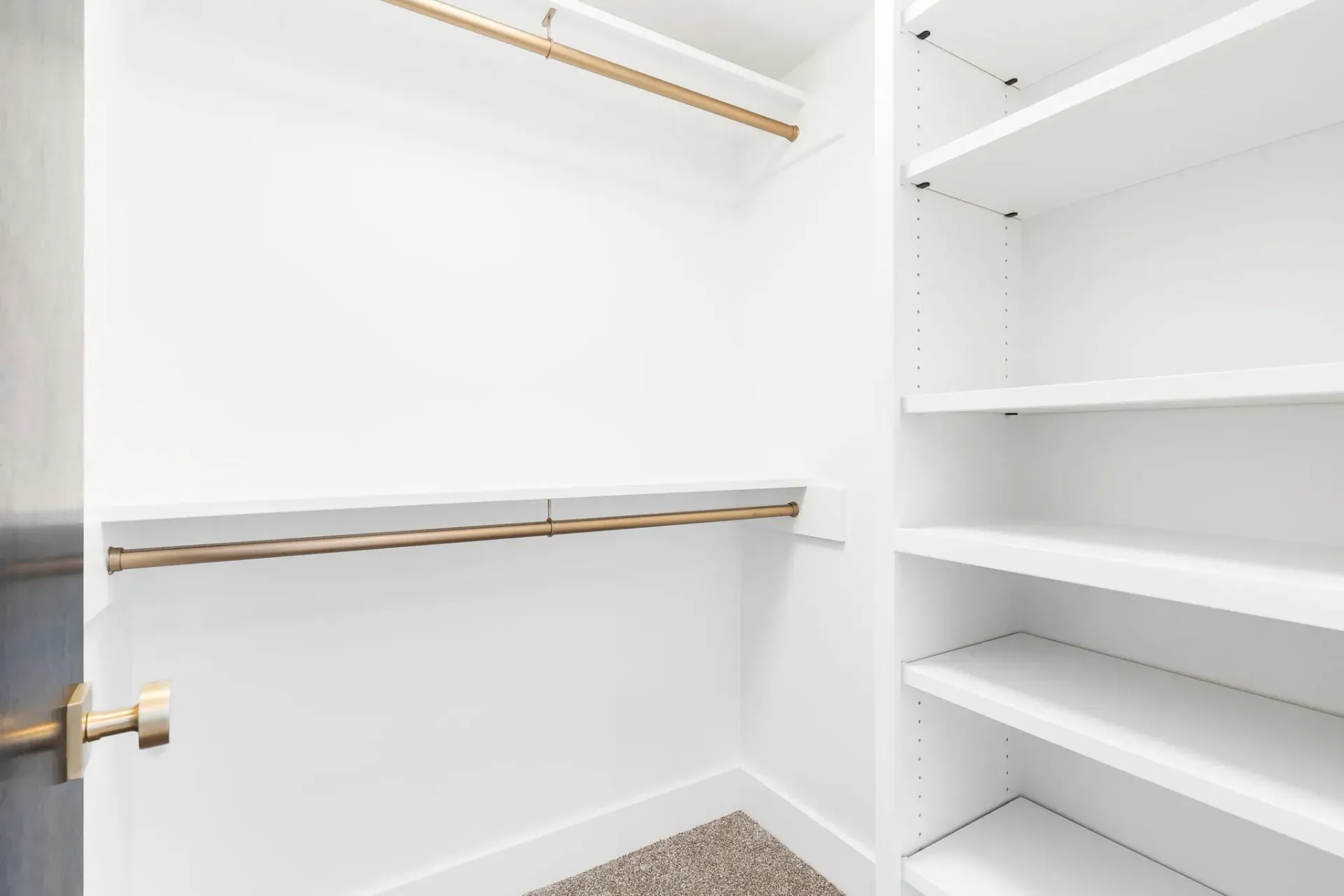 Empty white walk-in closet with shelves, hanging rods, and a carpeted floor