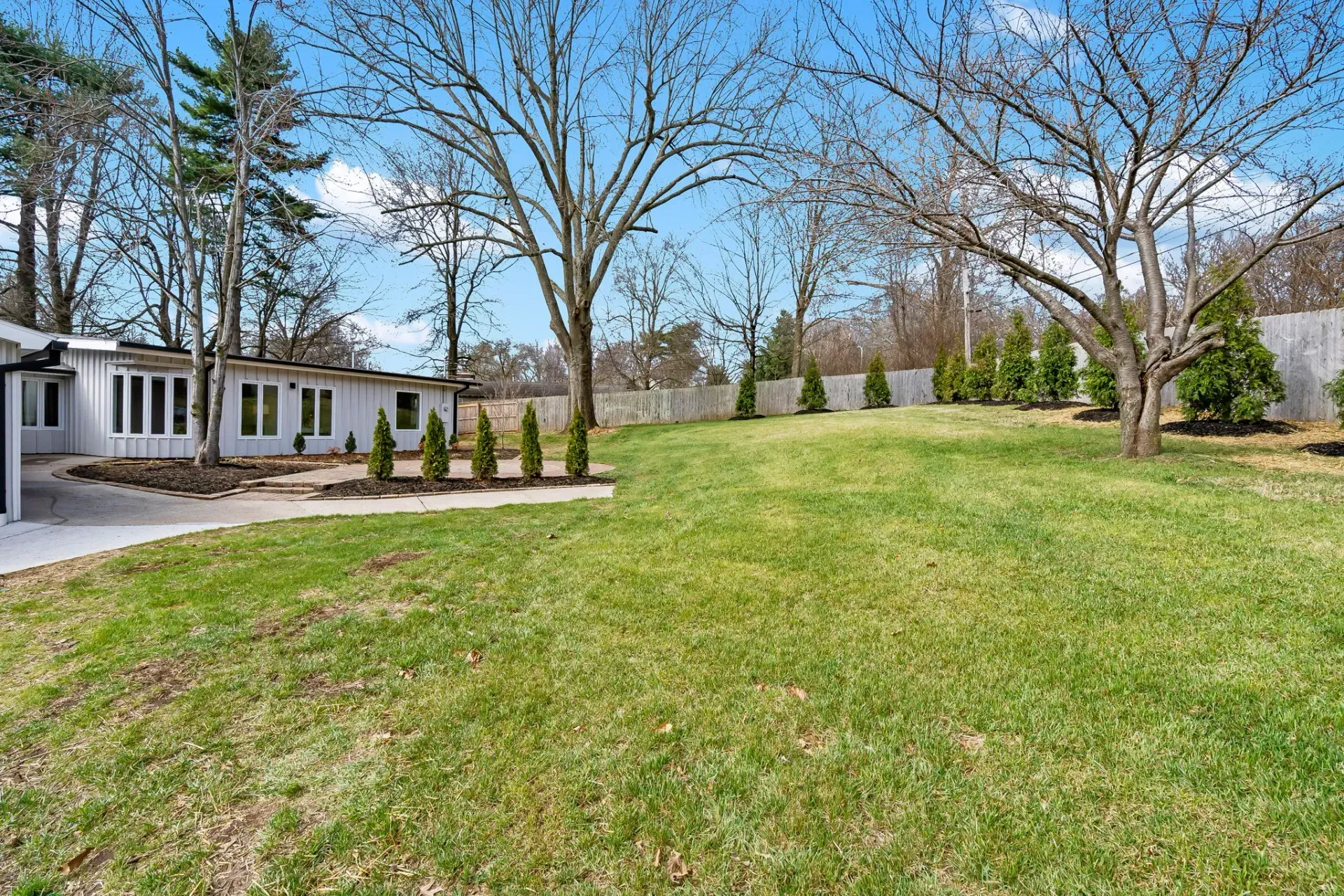 Grassy backyard with leafless trees and a white house under a blue sky