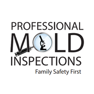 Logo for professional mold inspections, featuring a magnifying glass over the word "MOLD" with a microscope inside.