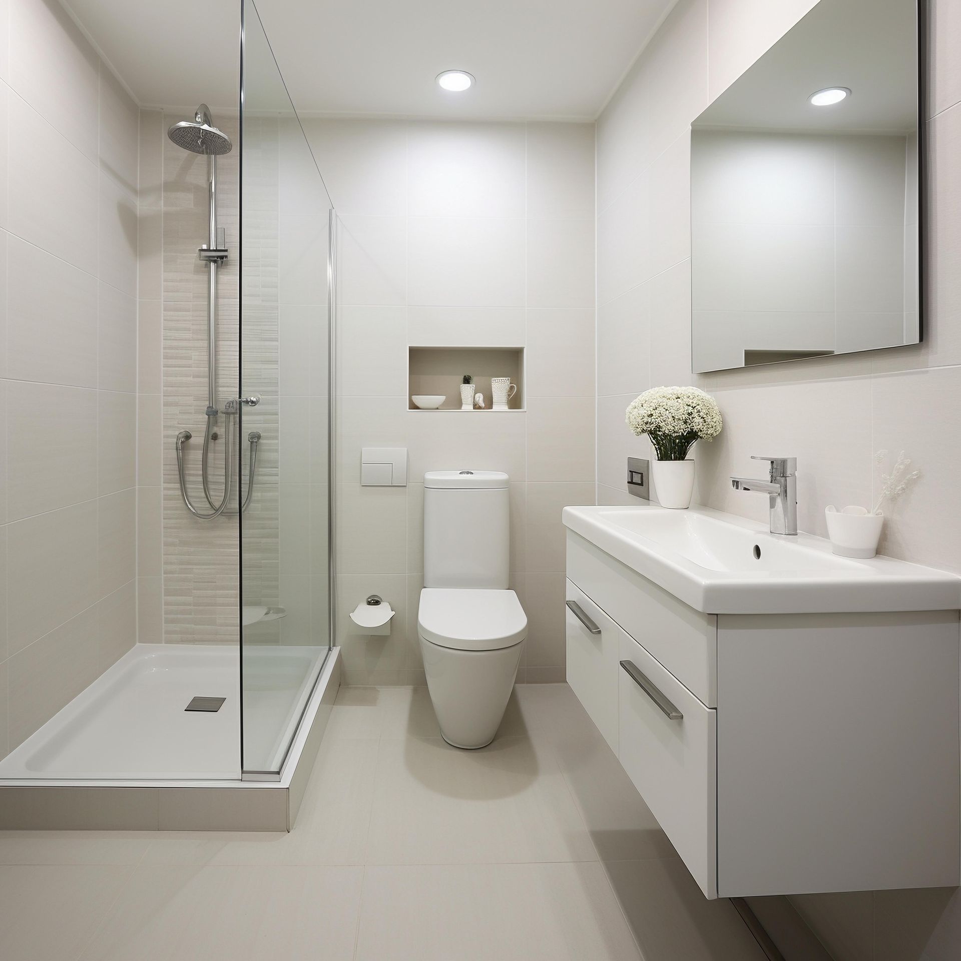 A bathroom under construction with blue tiles and a ladder.