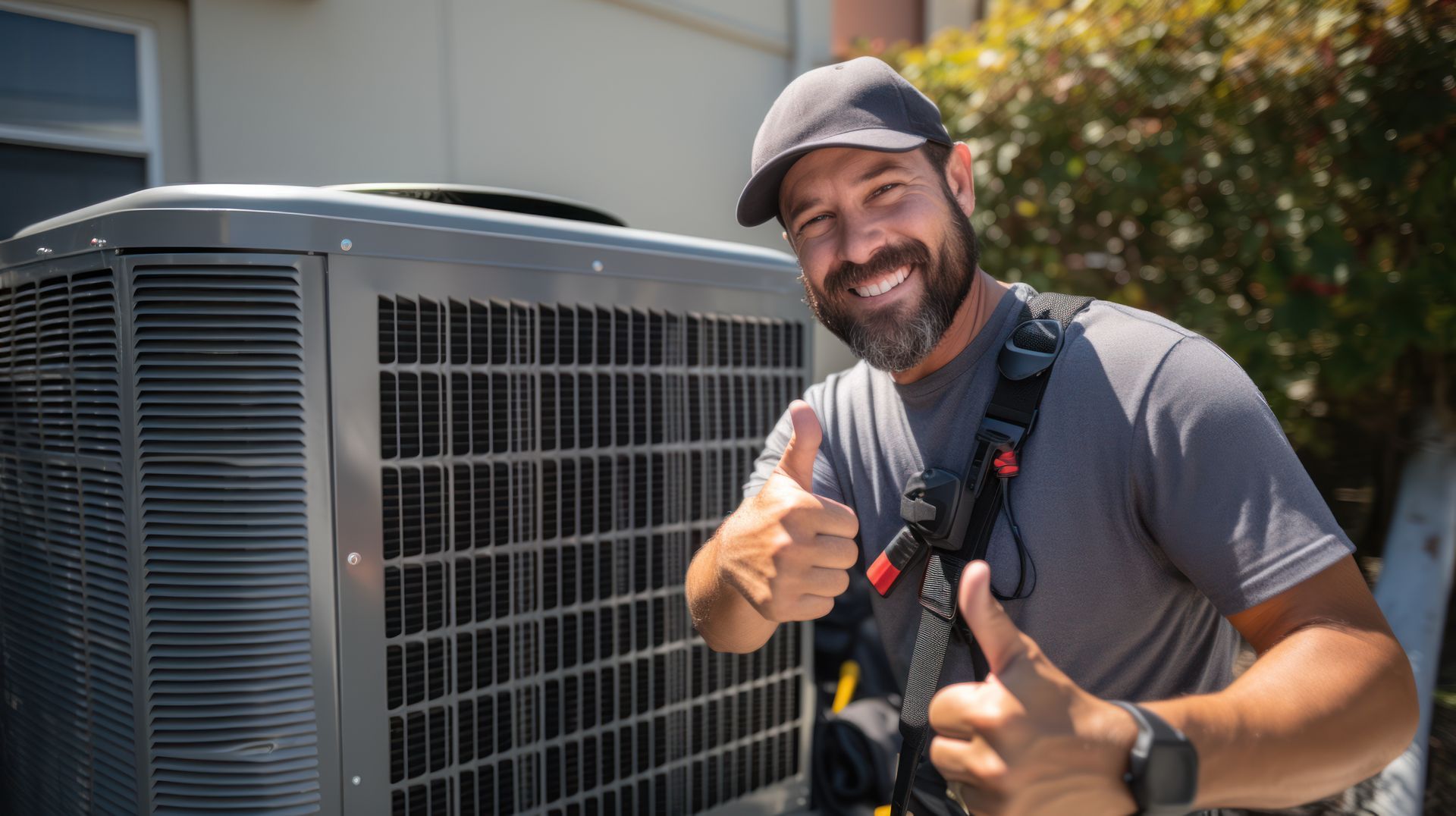 A man is giving a thumbs up in front of an air conditioner.
