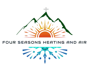 A logo for four seasons heating and air with a mountain , sun , and cross.