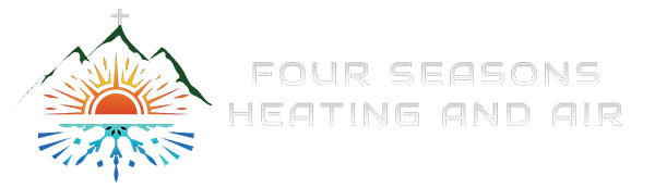 A logo for four seasons heating and air with a mountain , sun , and water.