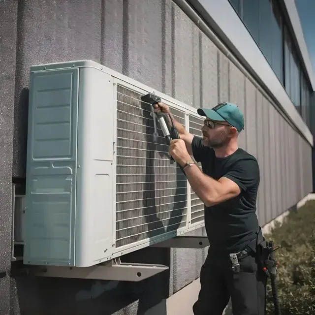 A man is working on an air conditioner on the side of a building.