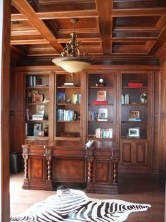 Wood-paneled library with built-in bookshelves, a chandelier, and a zebra rug on the floor.