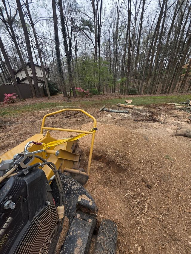 Yellow skid-steer bucket on a gravel lot beside trees and a house
