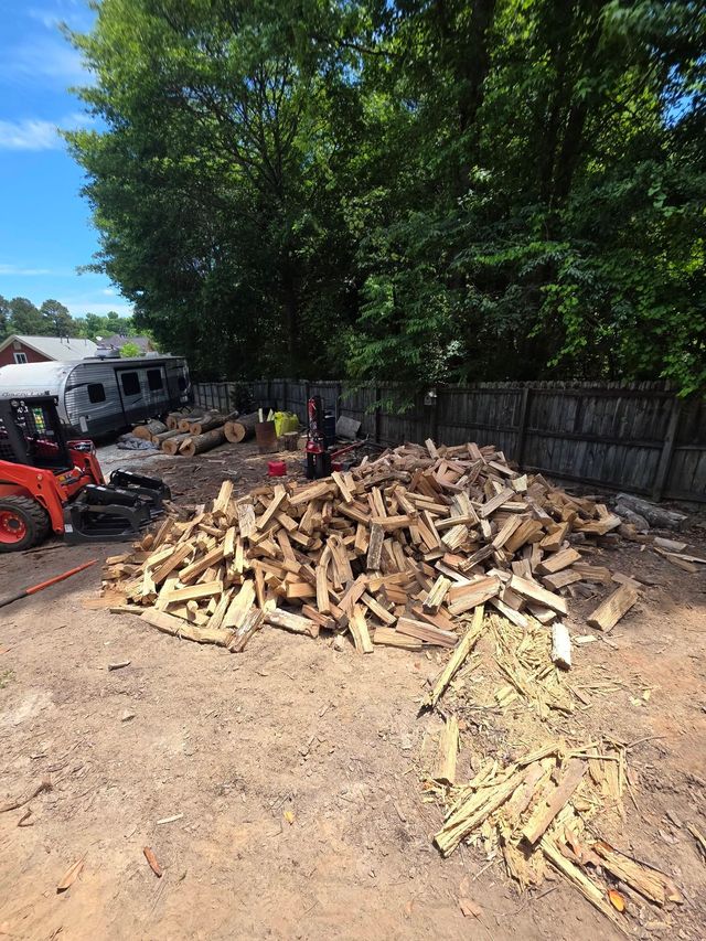 Outdoor yard with large pile of cut firewood beside a fence, trees, and a red tractor on the left.