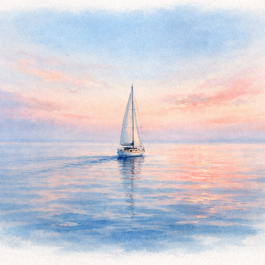 Watercolor of sailboat on open ocean
