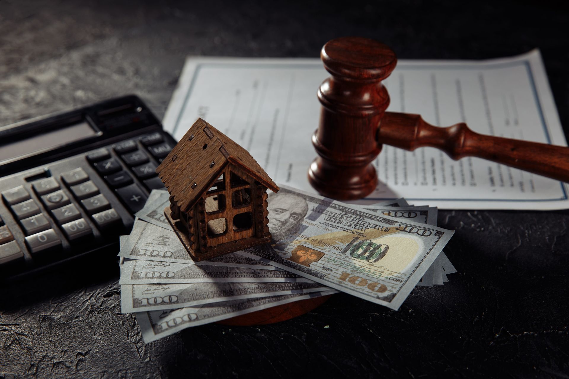 House model, dollar bills, calculator, and judge’s gavel on documents, suggesting property or legal finance.