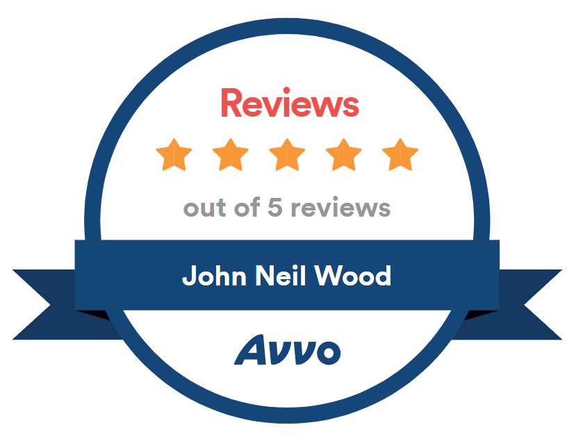 A badge that says reviews out of 5 reviews john neil wood avvo