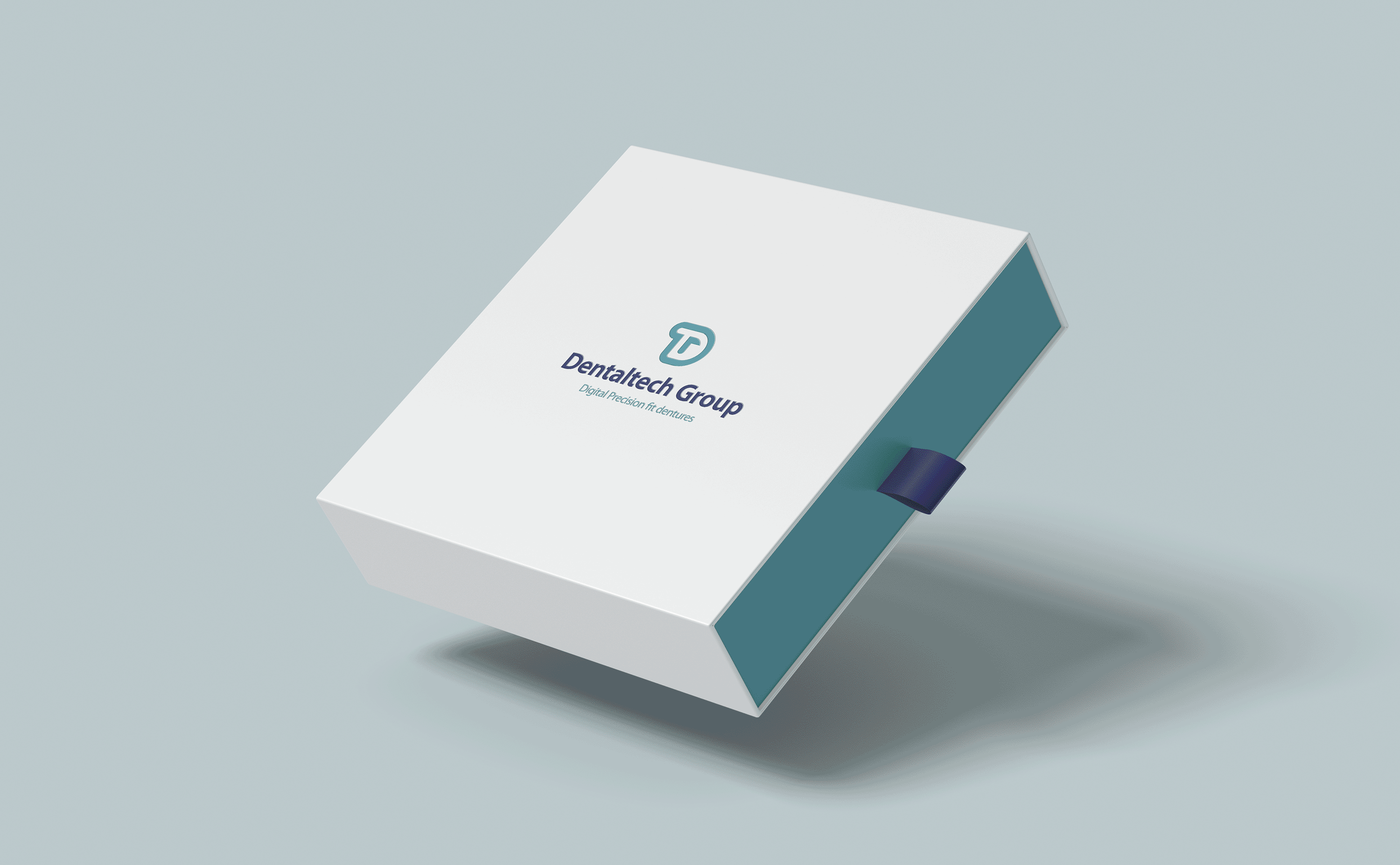 White and teal box with a logo floating above a blue background.