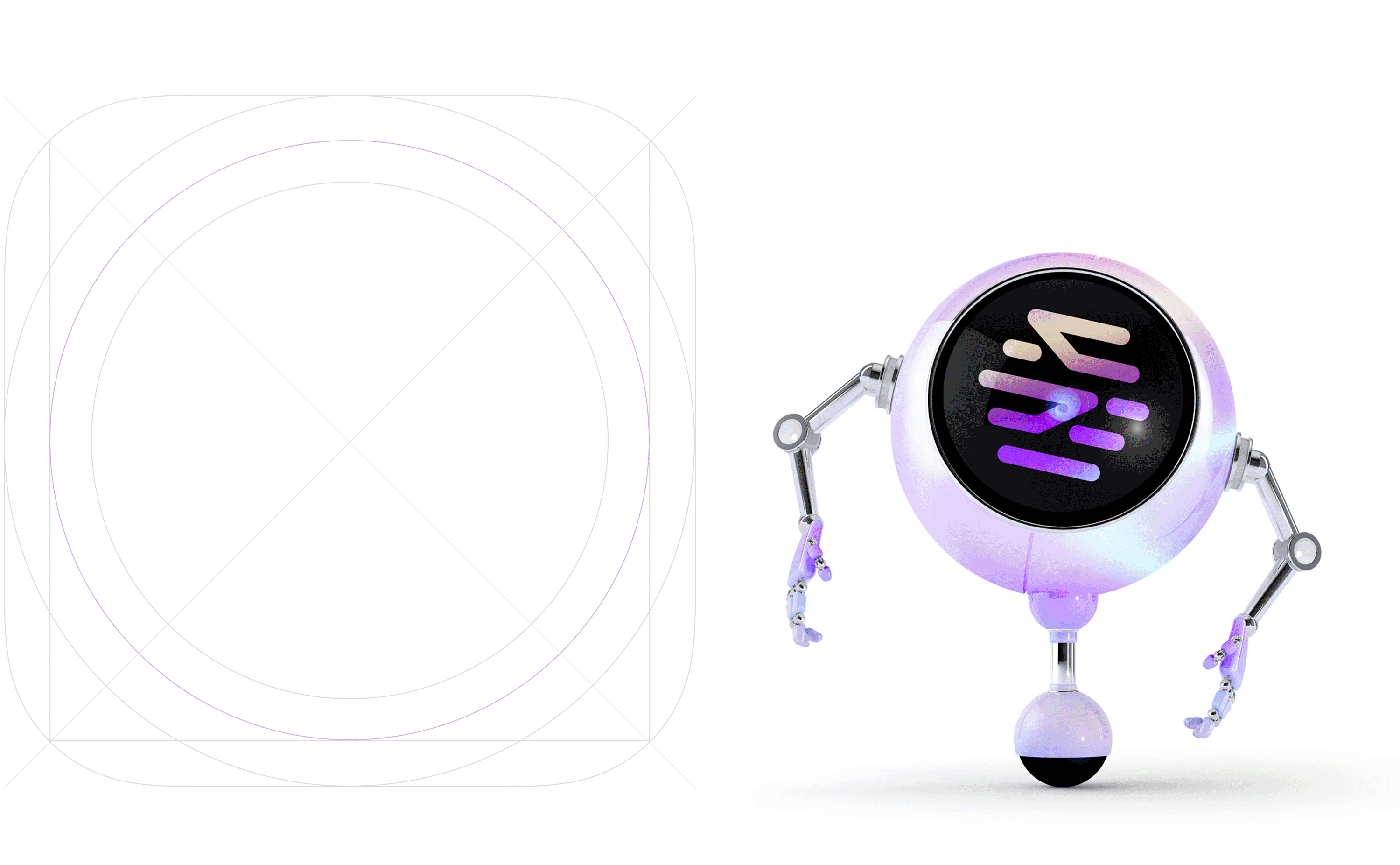 White robot with purple screen, mechanical arms, and a round base.
