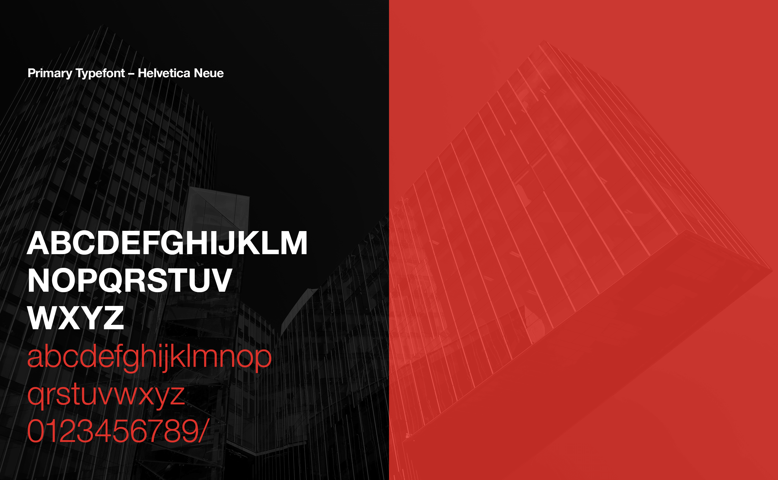 Font sample with uppercase, lowercase, and numbers, next to a building outline, on black and red backgrounds.