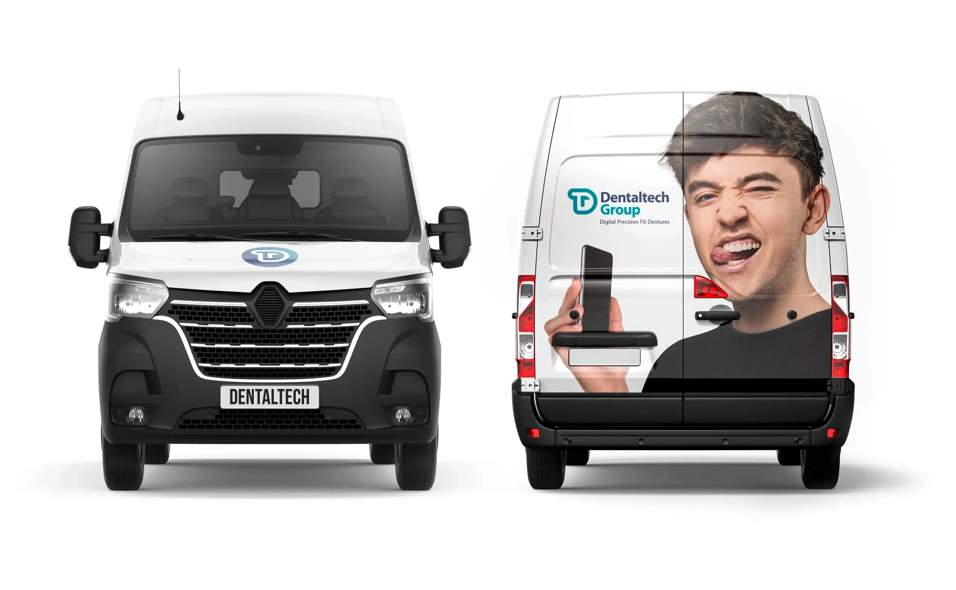 White van with front view and back view showing a man holding a phone, sticking out his tongue.