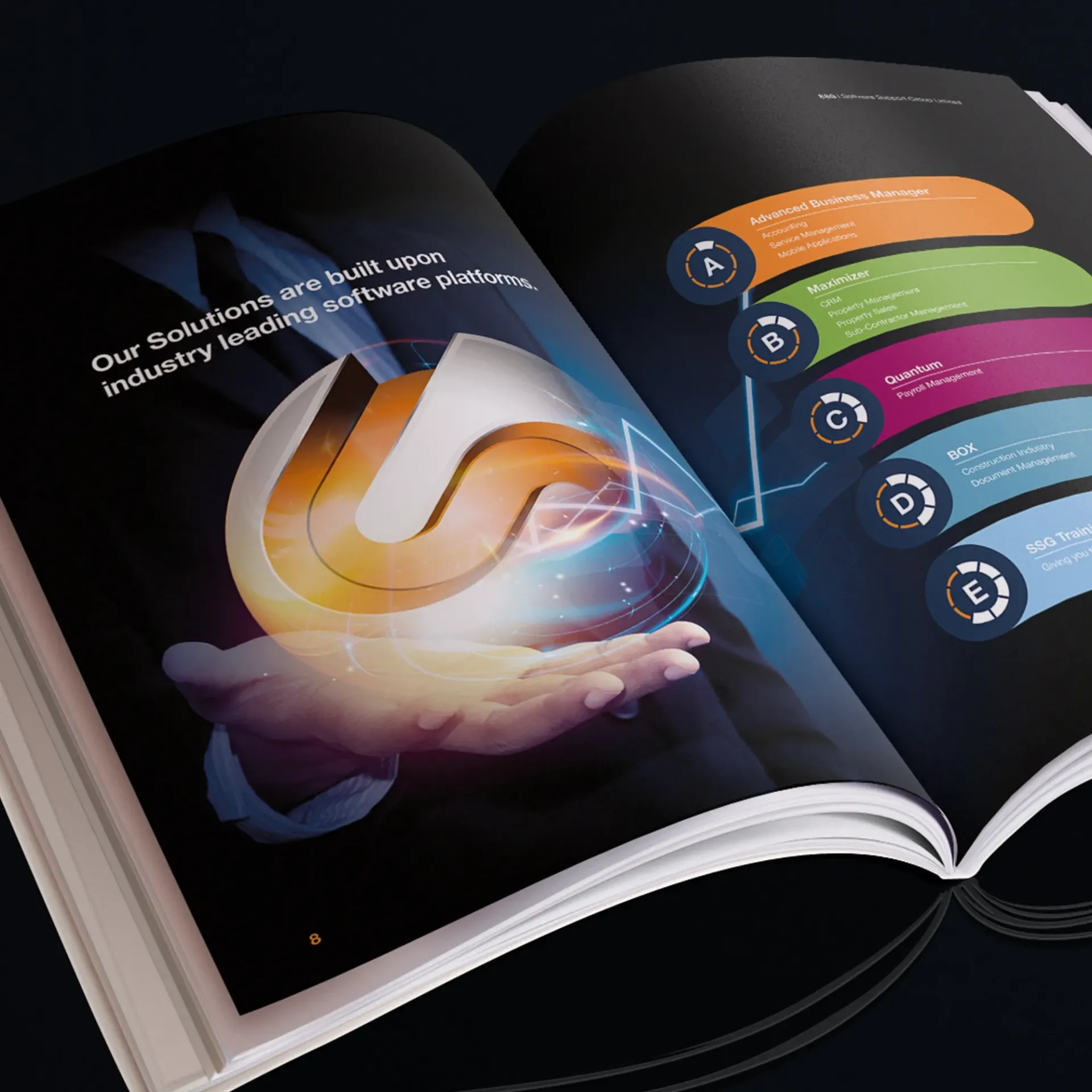Brochure showcasing a company logo with colorful charts on a dark background.