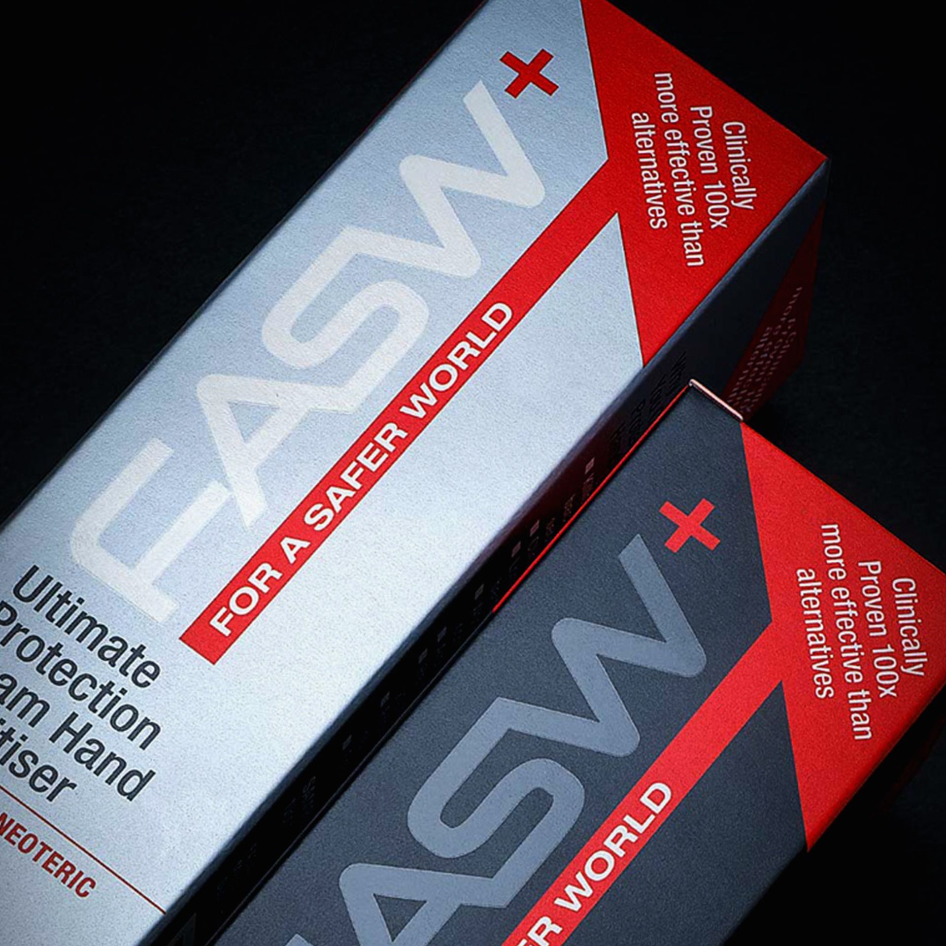 Two boxes of FASW hand sanitiser with red accents, text, and plus sign.