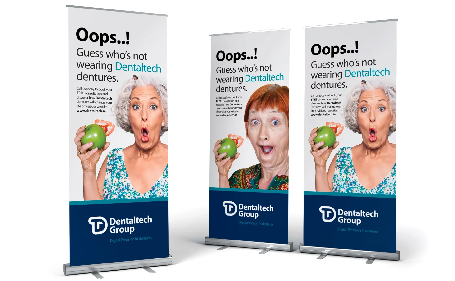 Three vertical banner ads: woman with shocked expression holding an apple, Dentaltech dentures advertisement.