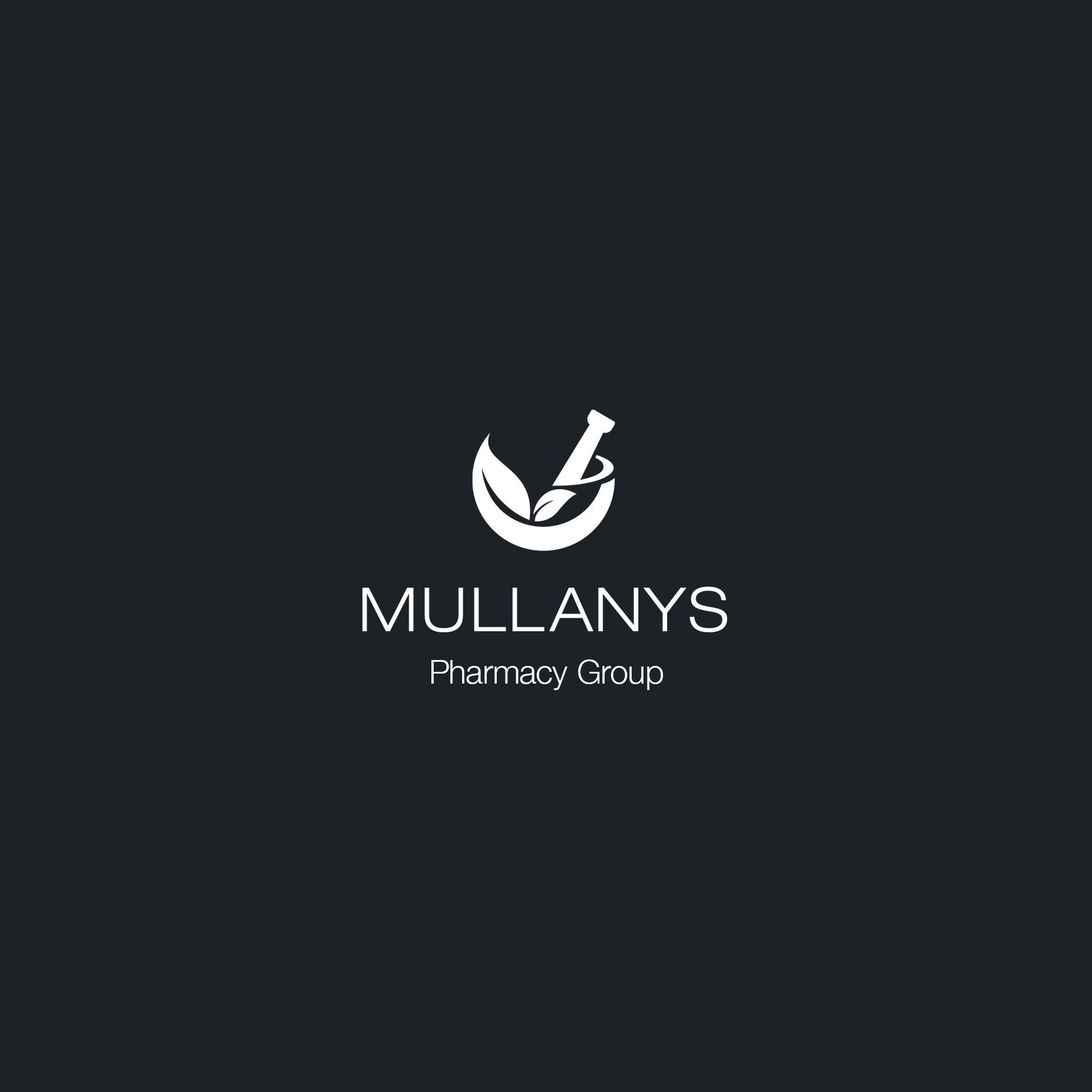 Mullany's Pharmacy Group logo. White mortar and pestle symbol above the pharmacy's name on a dark background.