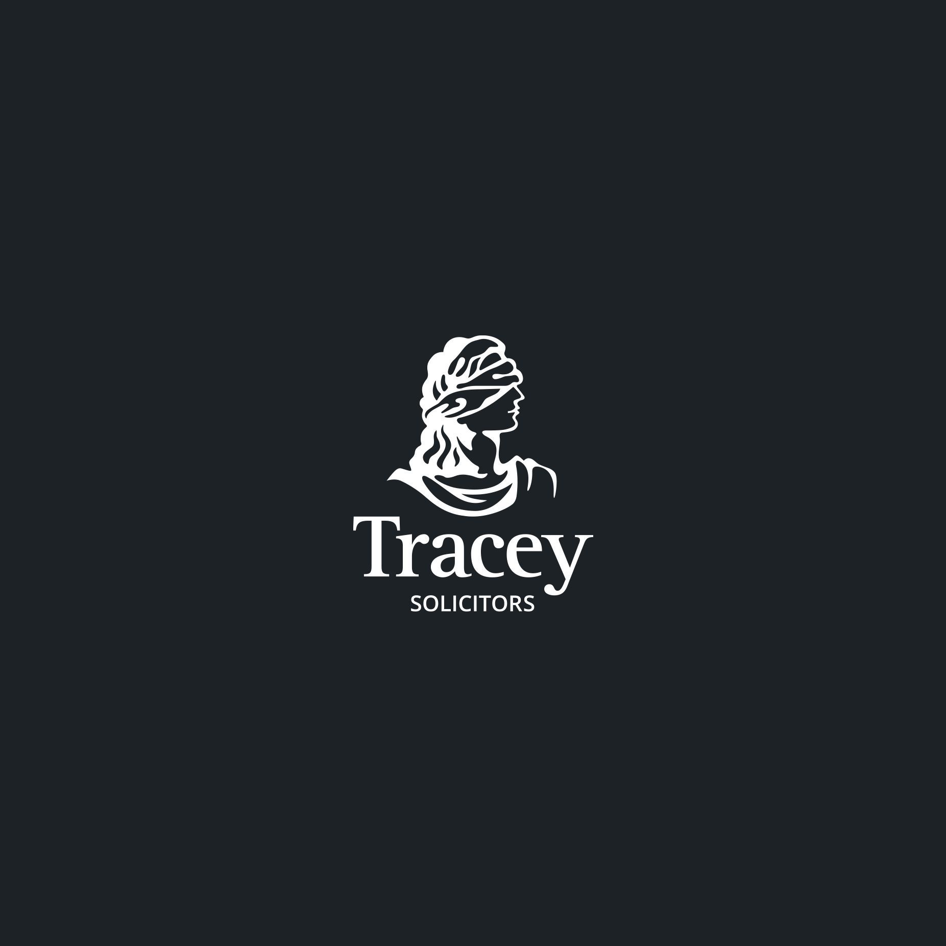 White logo on dark background: Lady Justice icon above