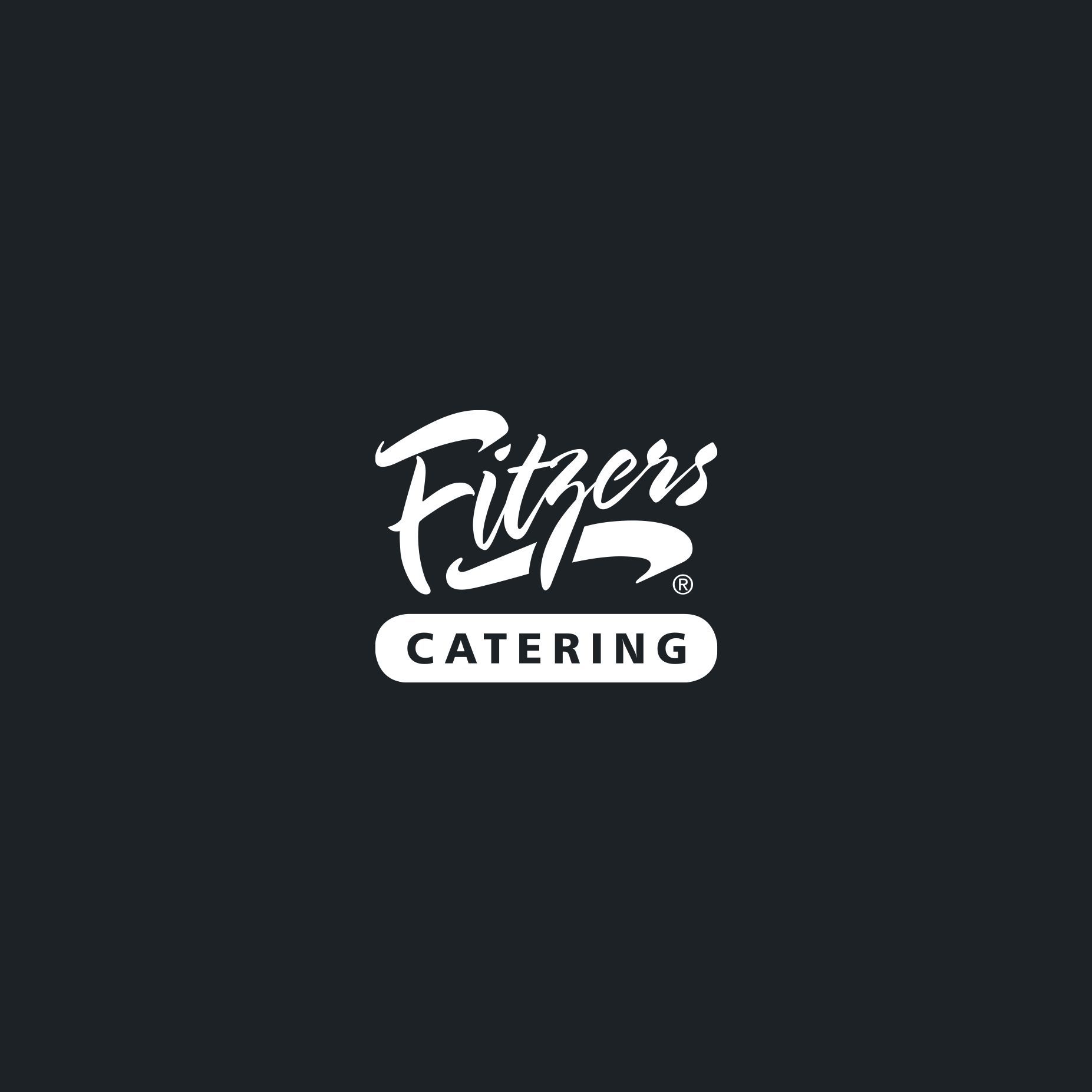 Fitzers Catering logo, white text on dark background. Calligraphic