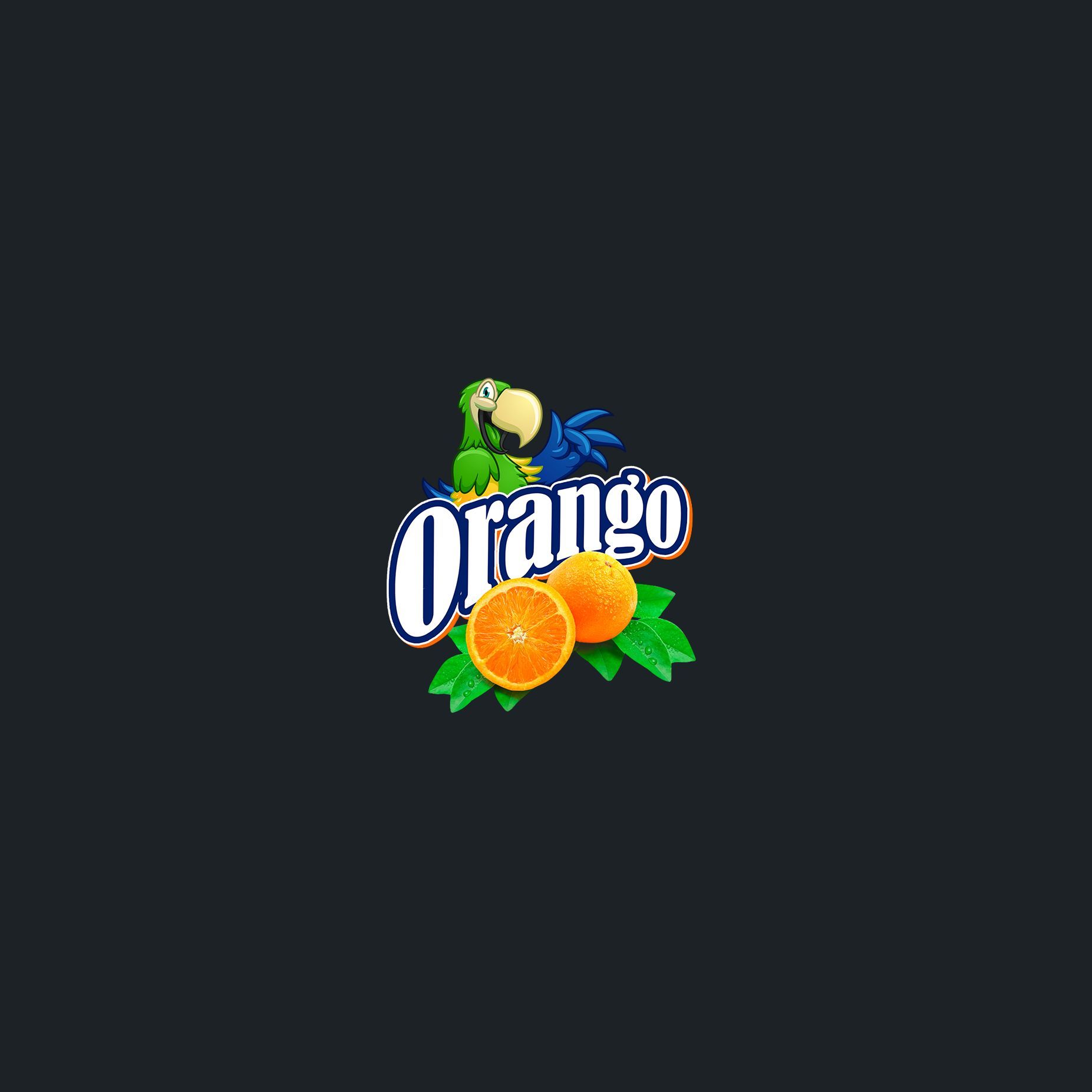Orange-flavored soda logo with parrot and oranges on a dark background.