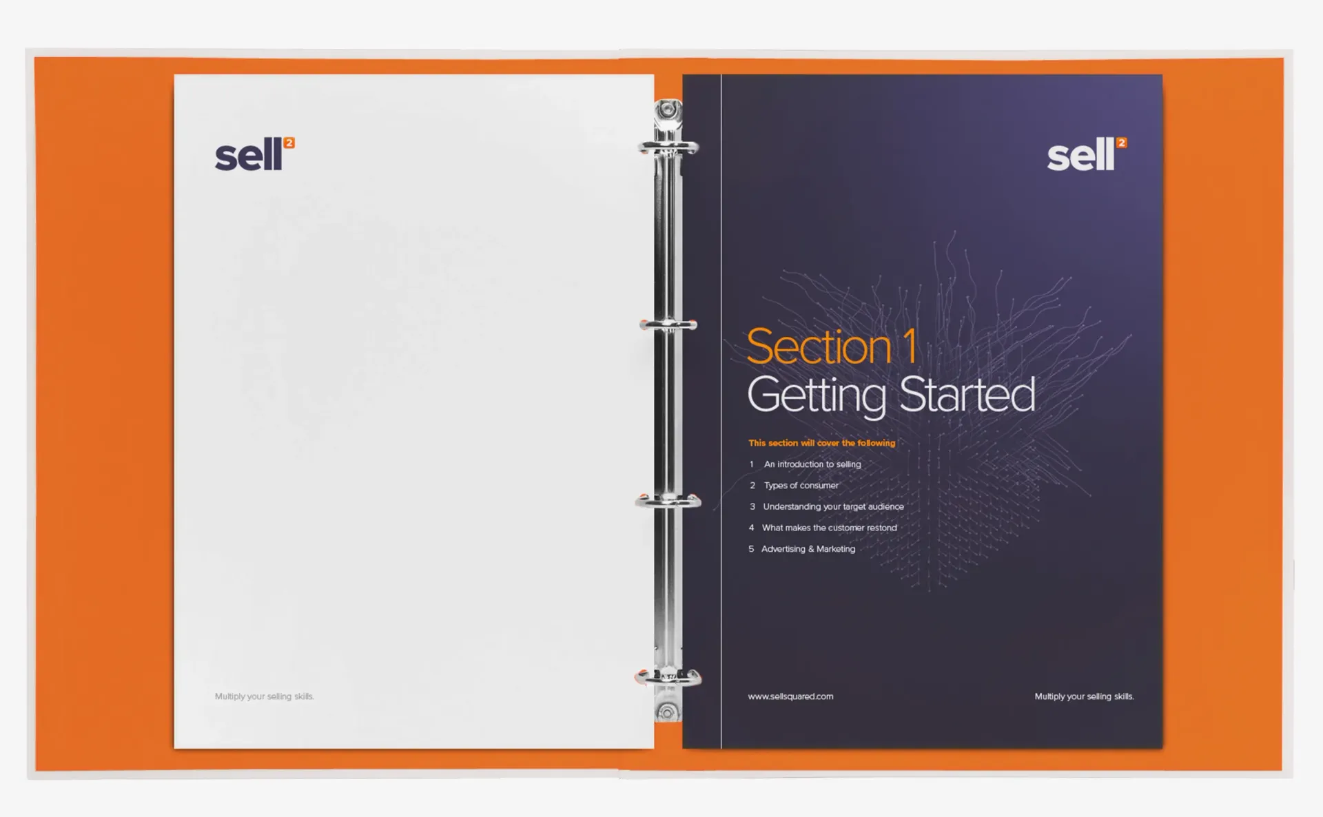 Open binder with orange cover. Section 1 