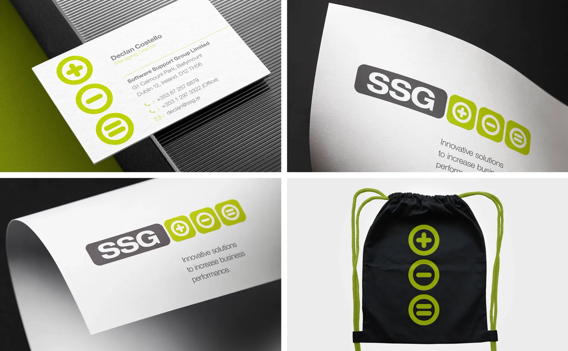 SSG logo on business cards and black drawstring bag; green plus, minus, equal signs.