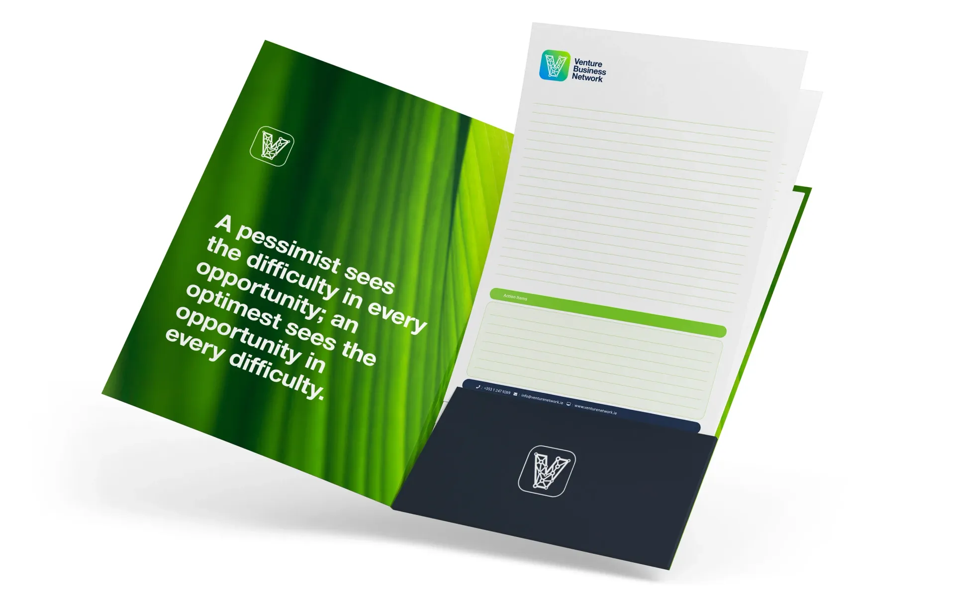 Green and dark blue folder with a quote, logo, and documents inside.