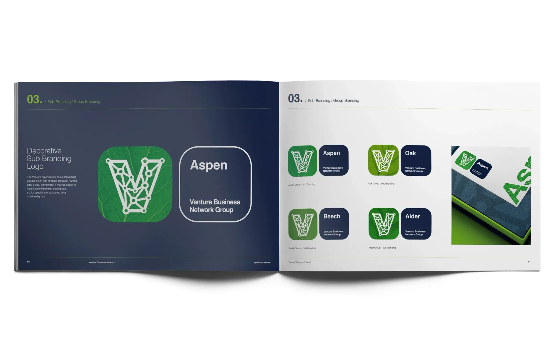 Spread from a brand guidelines document. Displays variations of a green