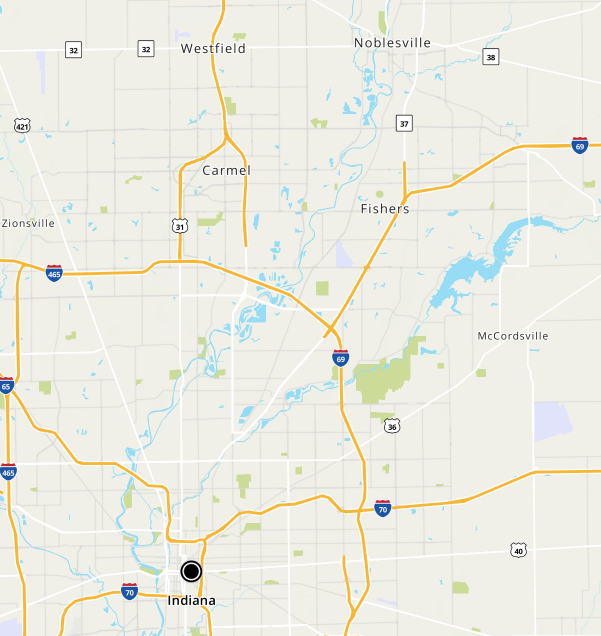 Map of central Indiana, with Indianapolis marked. Major cities include Carmel, Fishers, and Westfield.