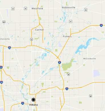 Map of central Indiana, with Indianapolis marked. Major cities include Carmel, Fishers, and Westfield.
