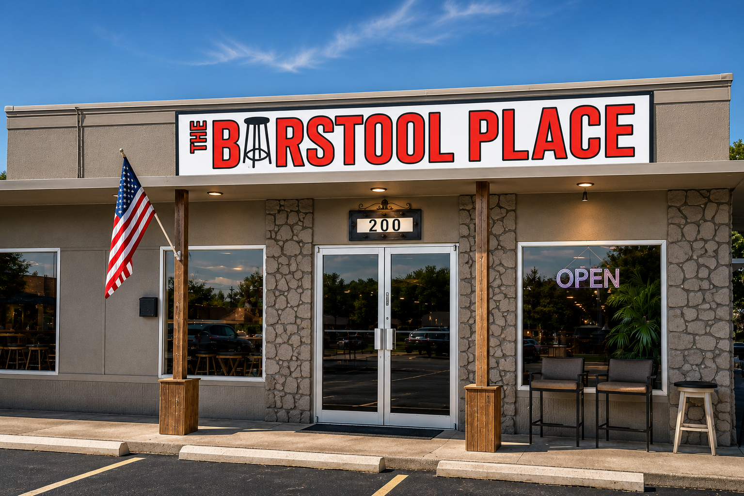 The Barstool Place storefront with glass doors, American flag, and a neon OPEN sign.